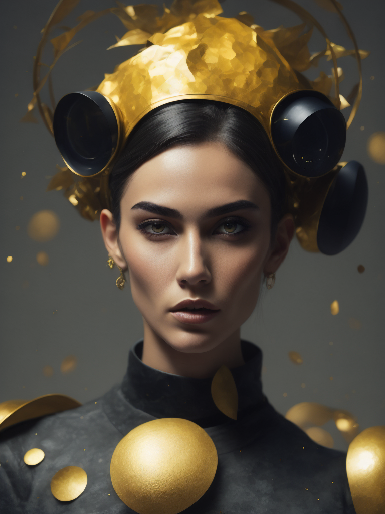 a woman wearing a realistic papier-mâché moon on her head, papier-mache moon, papier-mâché moon costume, in the style of sophisticated surrealism, photo-realistic still life, midnight navy and yellow gold, associated press photo, fashion photography, voluminous forms, curvilinear