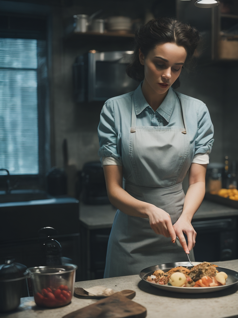A young beautiful 1950s housewife cooking in kitchen anatomically correct. perfect fingers on hand, extremely detail in kitchen. perfect composition and lighting. sharp focus. high - contrast surrealistic photorealism.