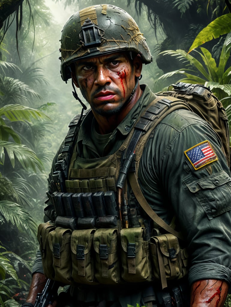 U.S Soldier, Jungle, stare, tired, blood.