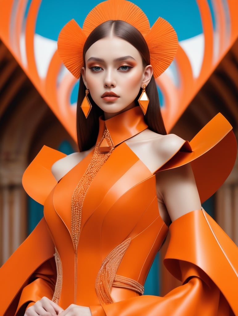 Girl in eco friendly haute couture outfit in the style of anime, surrealism, akira style. details. fine jewelry. eco friendly. Large head dress inspired by geometric shapes, architecture, constructivism