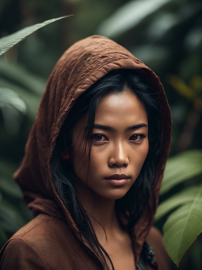 Indonesia, young woman in jungle, scifi, rainy, autumn, dark details