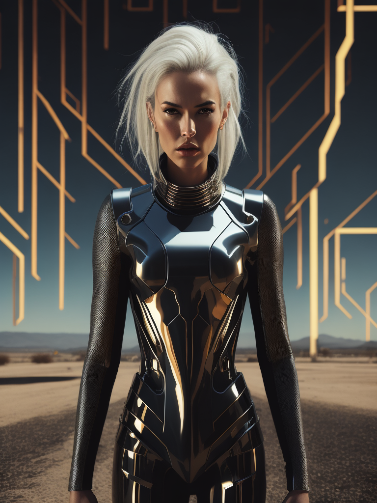 Ultra hd! realistic! helmut lang, fashion photoshoot, futuristic, beautiful face, female posing, chrome outfit, surreal landscape, photo in 90's fashion style, medium format, fuji superia 400, iso 400, surrealistic, 8k