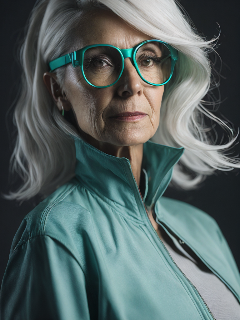 a gnome from fairytale supermodel 76 years old wearing a neon green helmet dressed in athletic clothing and glasses, in the style of futuristic glam, retro futurism, neon green clothing, glasses without color, clear glass, long white hair, teal background, mike campau, anton fadeev, high gloss, mono-ha