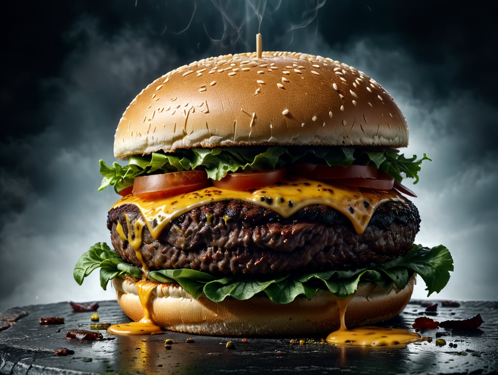an appetizing burger with lettuce, tomato and melted cheese, ultra hd, isolated, hyper realistic, detailed,