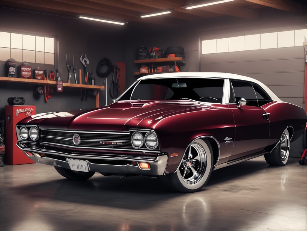 A classic American muscle car-inspired car, lowered, maroon colured with sleek lines and black-wall tyres. Parked in a garage with tools and classic posters. Realistic