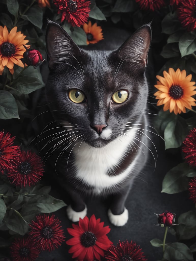 A black cat is surrounded by black flowers and red flowers in a pile of them, looking up at the camera, a stock photo, conceptual art, photorealistic