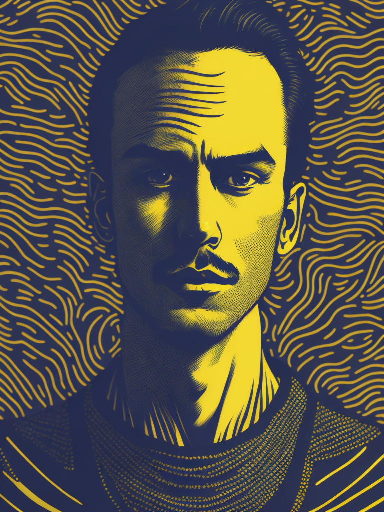 yellow blue black cream noise patterns risograph man, happy surrealism, fashion, shot on sony, edited with Maya, Nuke, Blender, Fusion, Houdini