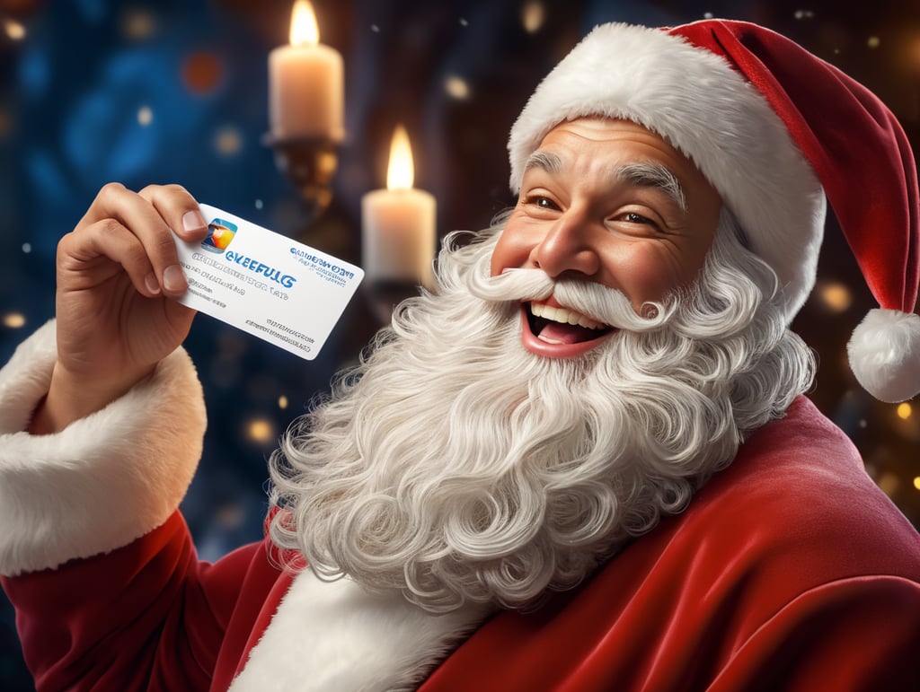 Portrait of Santa Claus smiling, one tooth missing, holdind a white business card, whimsical facial expression, flowing white beard, jolly caricature, saturated colors, red outfit, sharp focus, portrait photography, depth of field, dramatic candlelit lighting, incredibly high detailed, blue background, blurred background,
