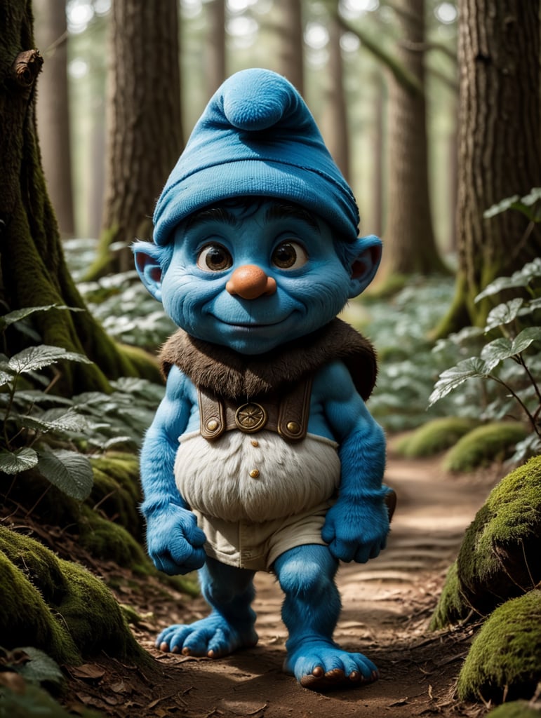 smurf grumpy face walking in beautiful forst