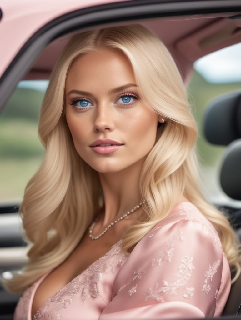 [(hyper realistic:3.60) ::0.20], Swedish blonde woman should long hair , blue eyes, in a car in pink luxury dress