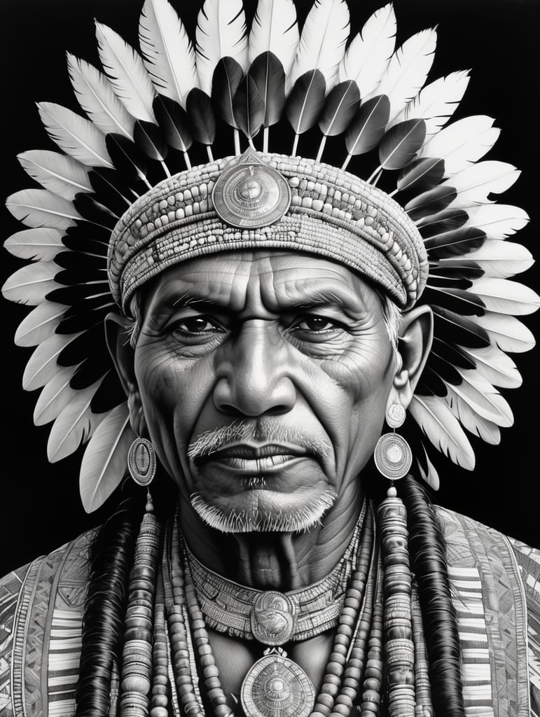 Indian tribal leader, illustration, Pencil, Portrait, B , USA, style of Laurie Lipton