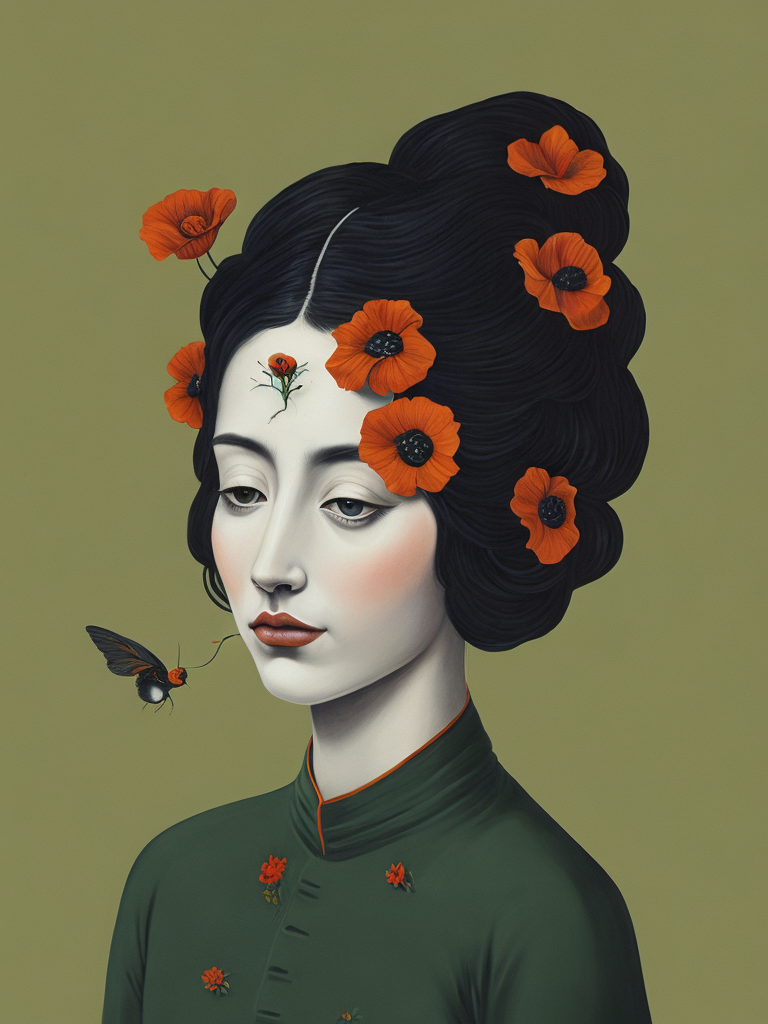 ultrafine detailed painting of a woman with a n opium poppy flower in her hair, whimsical, detailed painting