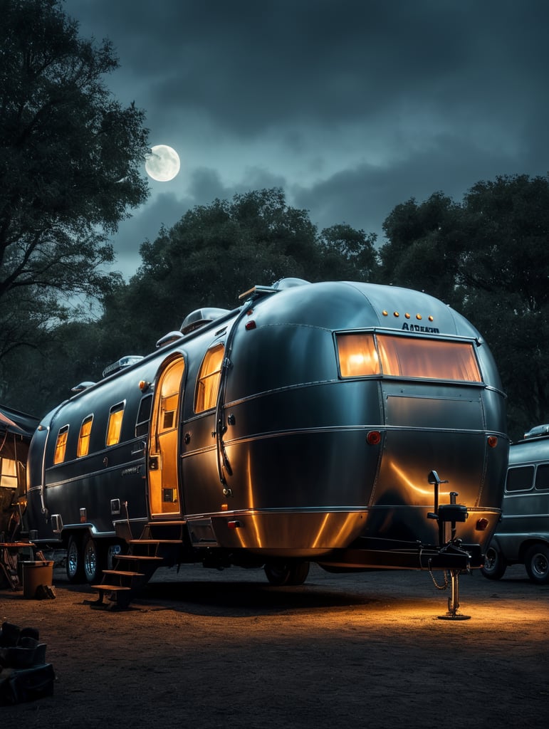 Futuristic alien Airstream camping trailers, steampunk and neon, cyber technology
