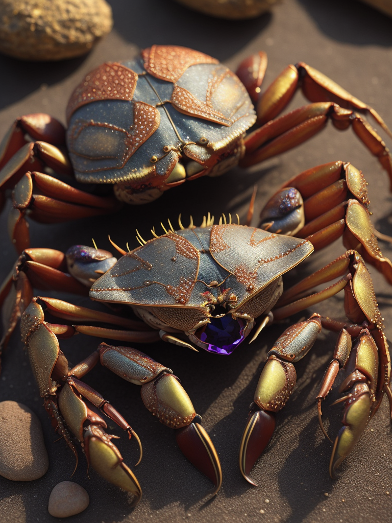 A hyper-realistic, high-resolution 16k image capturing a close-up of jeweled crabs, their shells adorned with intricate patterns and vibrant colors. The crabs should be situated on a sandy beach, the grains of sand providing a contrasting texture to the smoothness of their shells. The lighting should be the warm, golden light of a setting sun, casting long shadows and highlighting the jewel-like colors of the crabs. The composition should be a macro shot, focusing on the crabs and showing the world from their perspective.