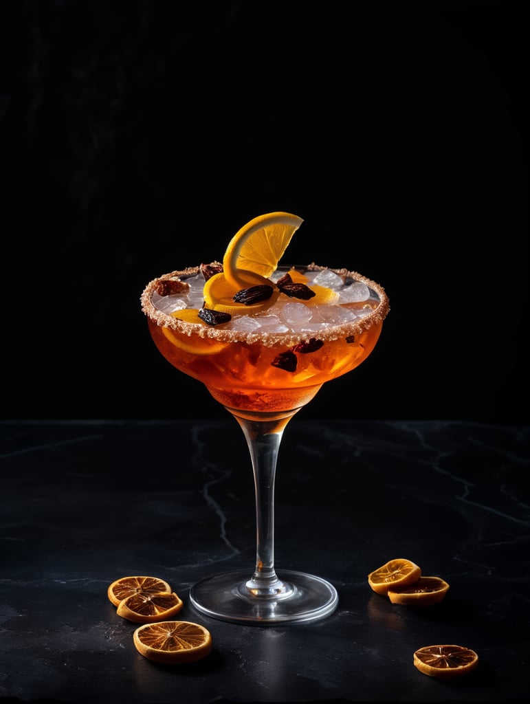 Gin cocktail with dried fruit slices, salted glass rim, mood lighting