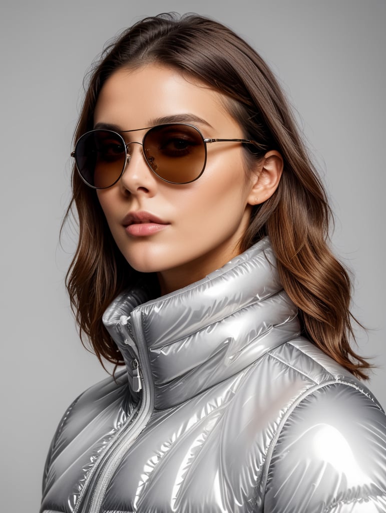 Inflatable white minimalist women's puffer jacket, wearing sunglasses, transparent, isolated, grey background, mockup