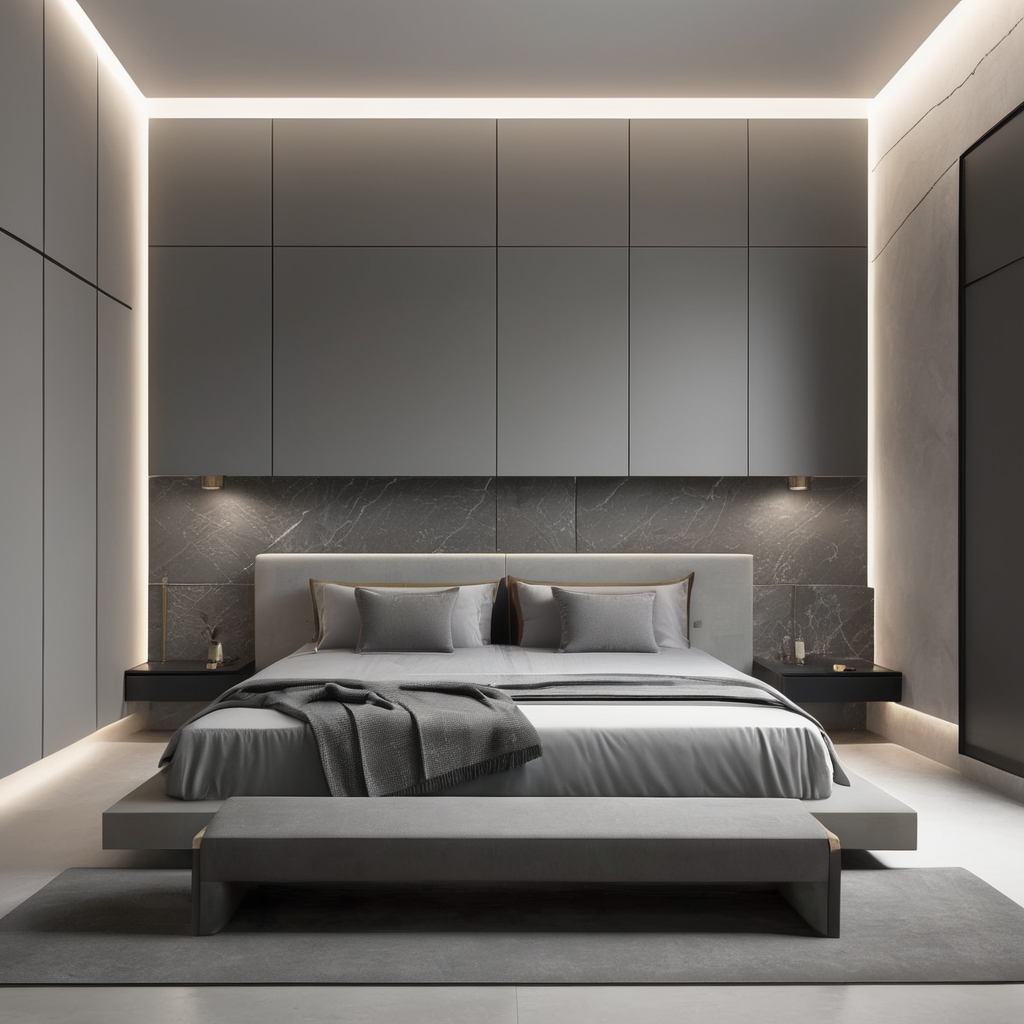 design minimal and outstanding look beroom which contain bed and on right side there is a wardrobe whith dark gray stone patten and light gray stone pattern and on the left there is a side box which is in ligh gray stone patern and beside box there is wall big size
