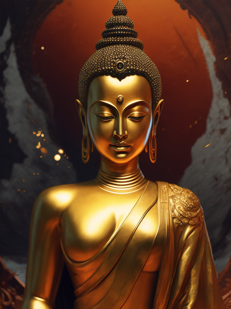 Golden statue of Buddha on the background of the temple decorated with gold, detailed background, highly detailed, sharp focus, Dramatic Lighting, Depth of field, Incredibly high detailed