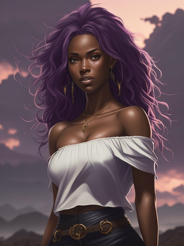 a woman with afro hair and a white shirt is standing in front of a purple sky with clouds and a pink hair, upperbody, midriff, Brom, flat colors, a character portrait, digital art, dark-skinned_female, dark_skin, navel_piercing, off_shoulder, pink_hair, purple_background, sky, long_hair