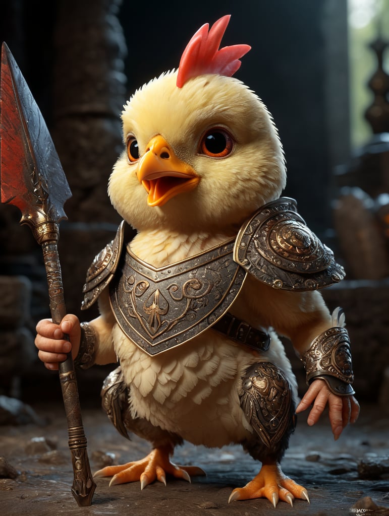 Cartoon baby chicken with spear warrior