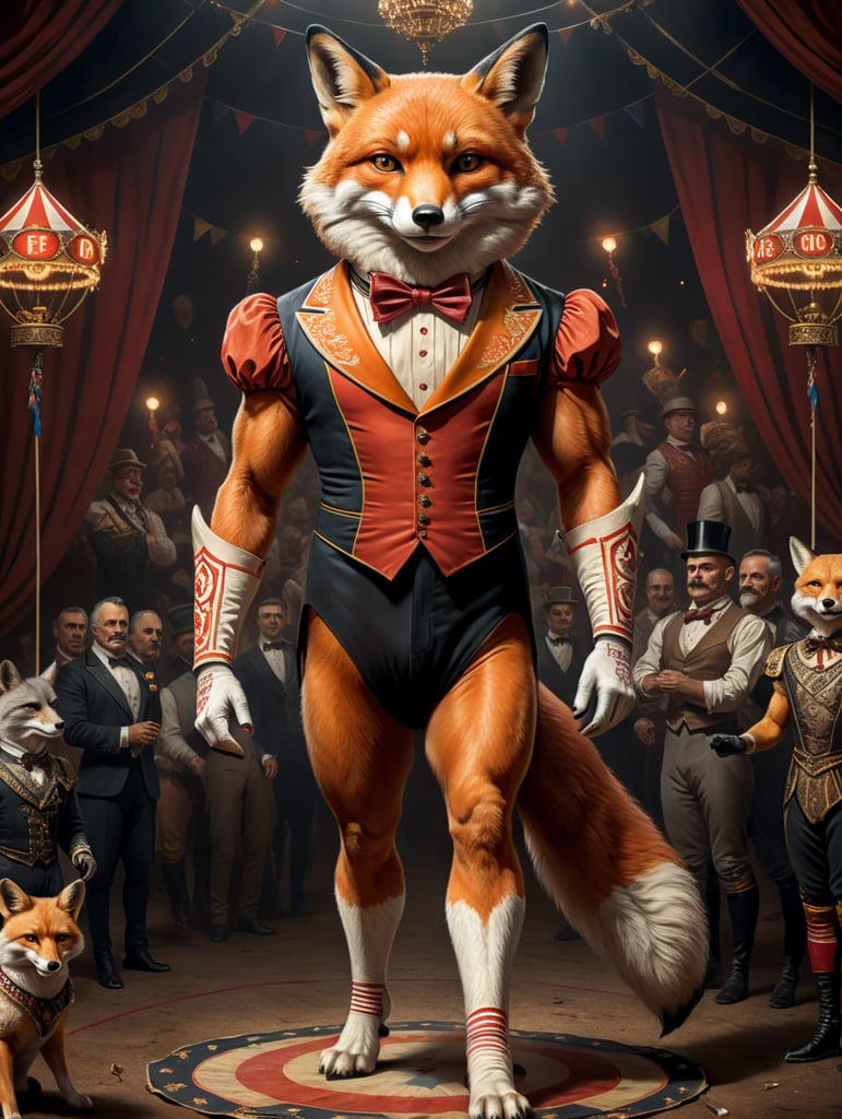 Vintage style circus sideshow poster of a full body anthropomorphic fox