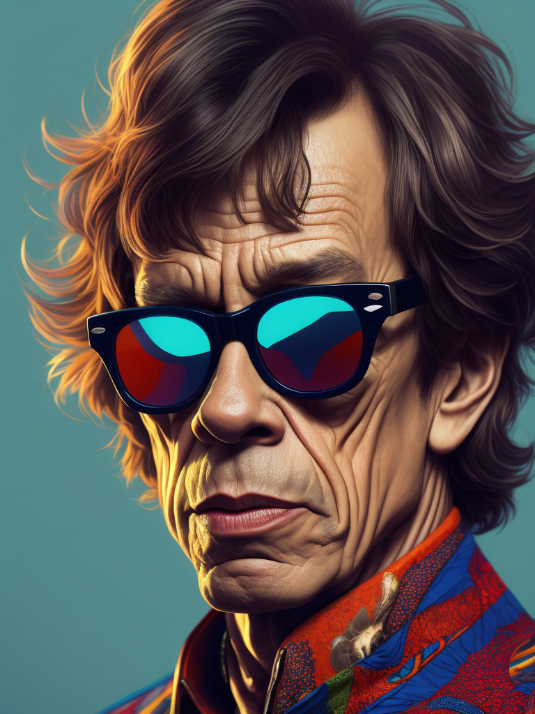 Mick Jagger wearing a brightly patterned jacket and wayfarer glasses, Vivid saturated colors, Contrast color