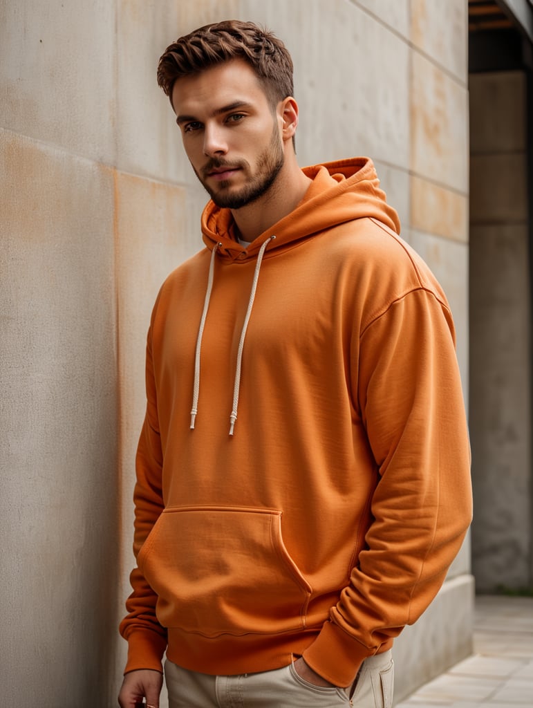 drop shoulder orange vintage washed hoodie without drawstrings blank mockup, laying on a concrete floor
