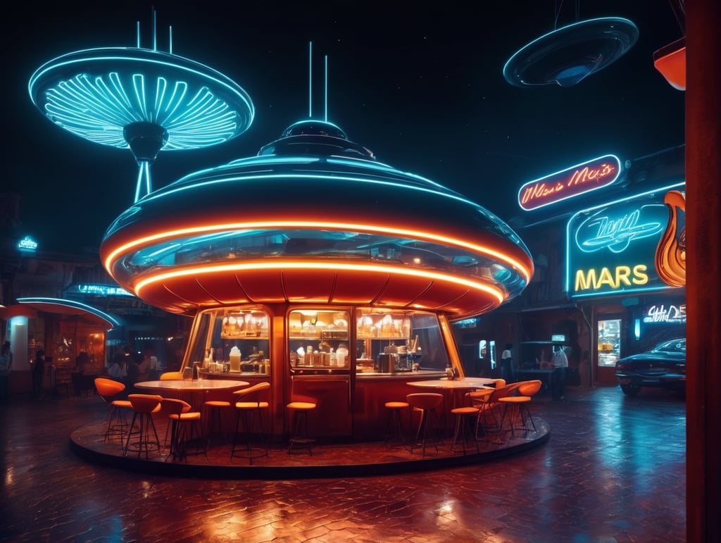 futuristic ufo cafe, mars, wasp shape, an night, neon, glass