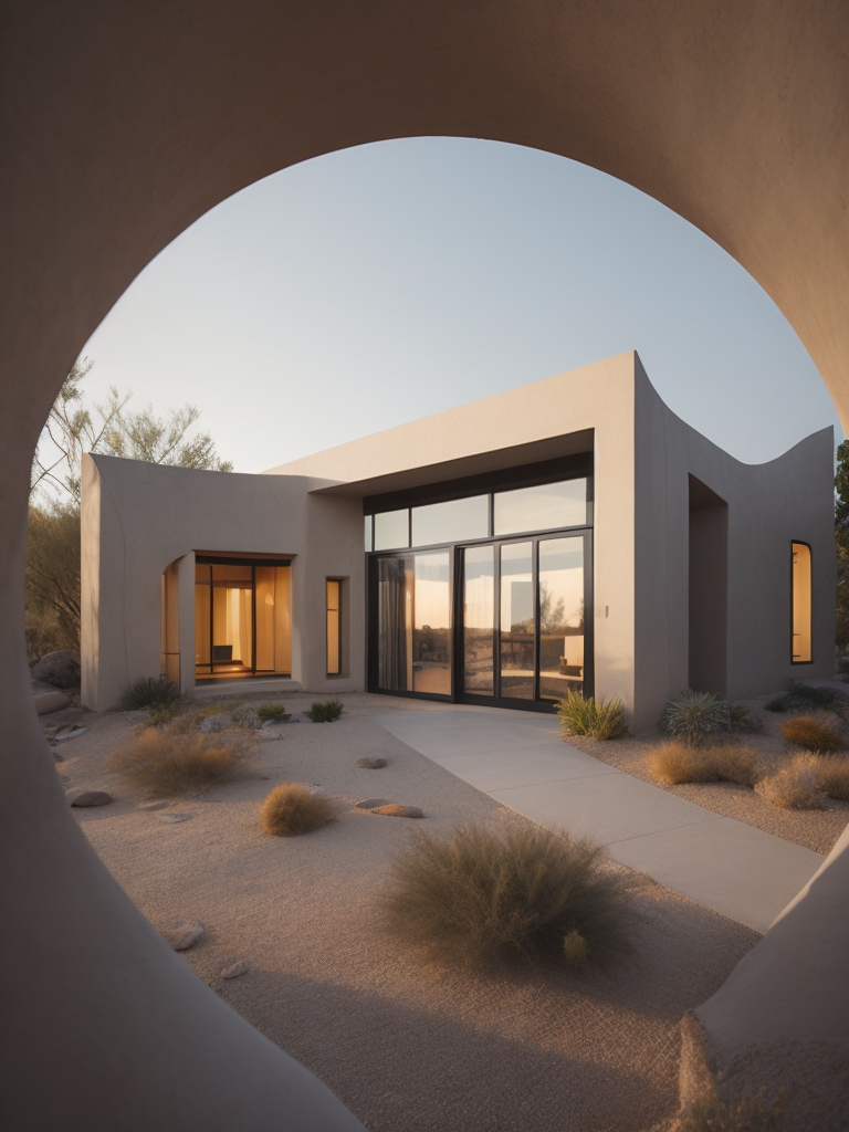 An architectural rendering of a minimal, geometric, curved, sculptural, stucco textured, tan desert abode, sand and clay facade with small carved window openings, wood accents, arched glass door opening, cactus, tumble weed, artificial lighting, desert landscaping, outdoor camp fire, located in Arizona during twilight, hazy horizon