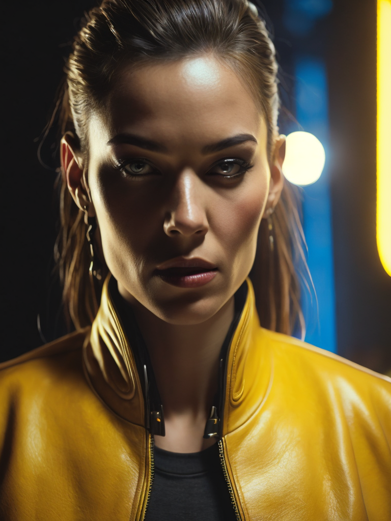 cinematic shot, a women looks on the camera, wearing yellow leather jacket, yellow lighting right side reflecting on her face, weak blue lighting left side reflecting on her face, canon 50 lens, focus on the face everything else is in blur, the blade runner scene.