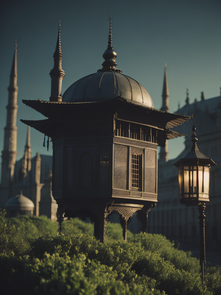islamic lantern with a blurred mosque