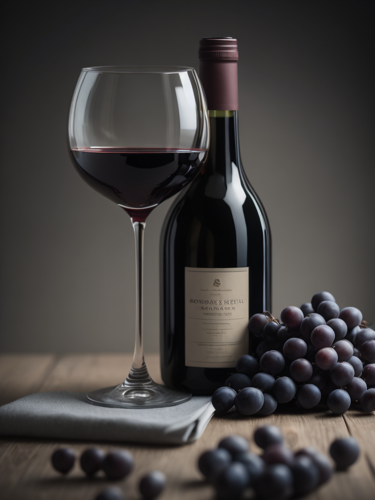 wine bottle with glass of dark red wine, grapes