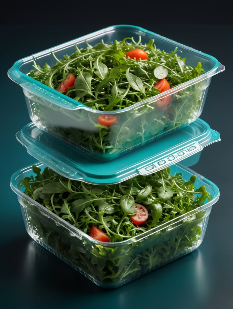 blank Transparent Plastic Container with Arugula Salad, isolated, cyan background, Mockup, mock up