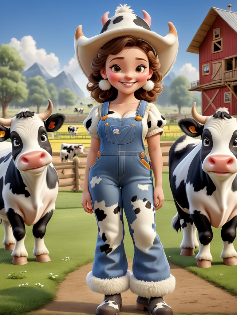 Draw a happy young woman wearing furry slippers on her feet that look like small holstein cows. The woman wears a large cowbow hat and denim overalls, and is standing in a barnyard with cows shown in the background.