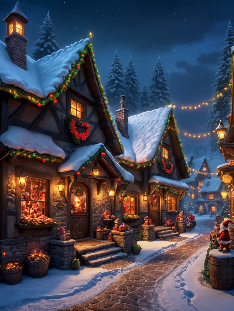 Santa grills meats, steaks, burgers. Sweet Goblins are waiting for food little elves. A picturesque, snowy village at dusk. The stage features twinkling lights from cozy cottages