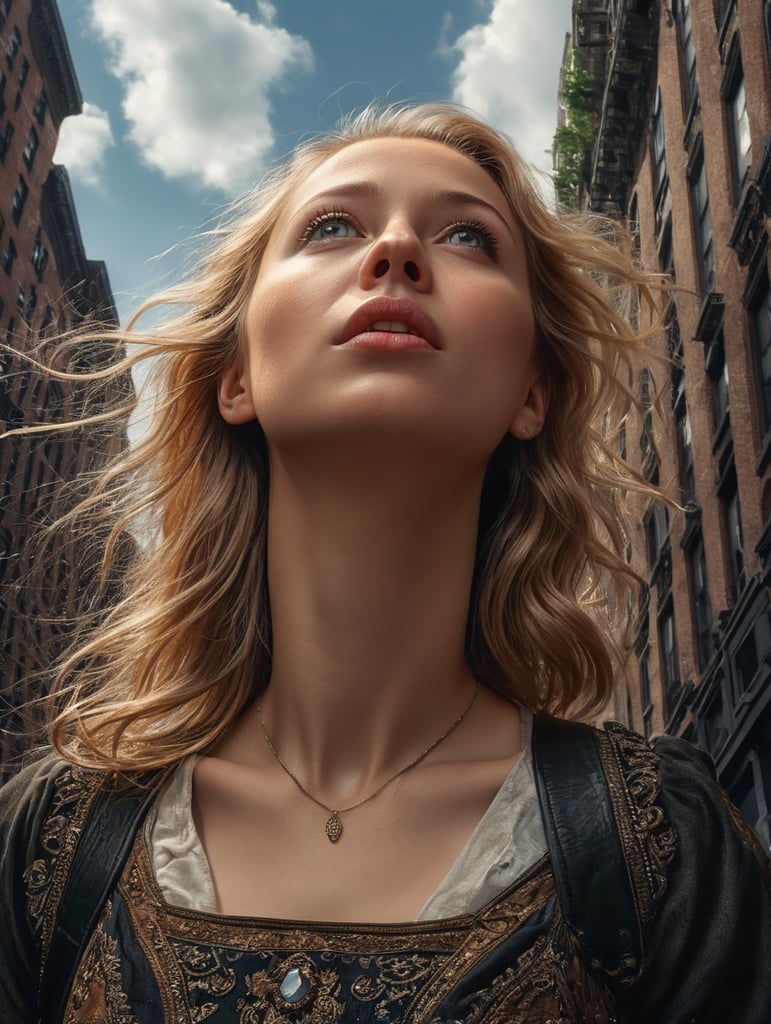 Closeup portrait photo of a young dutch woman, looking up at the sky, in downtown new york city