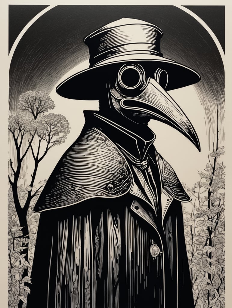 Woodcut, Plague doctor, black and white, bold lines