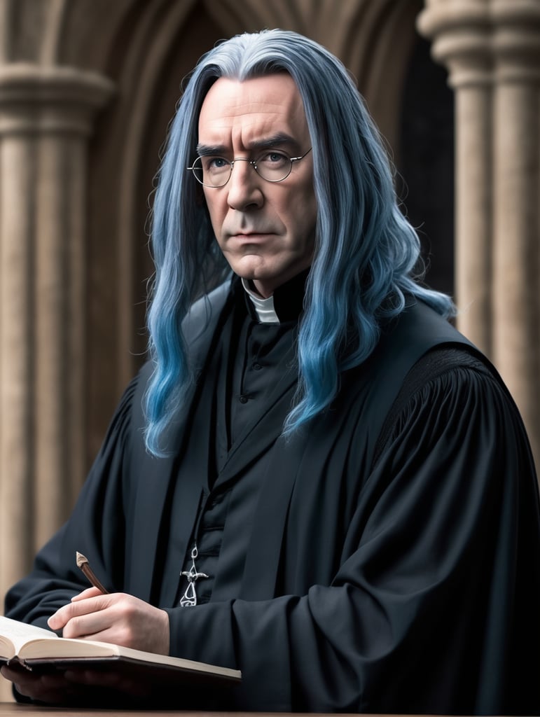 professor Snape from Harry Potter with blue hair, serious face teaching a lecture. He is wearing black robes.