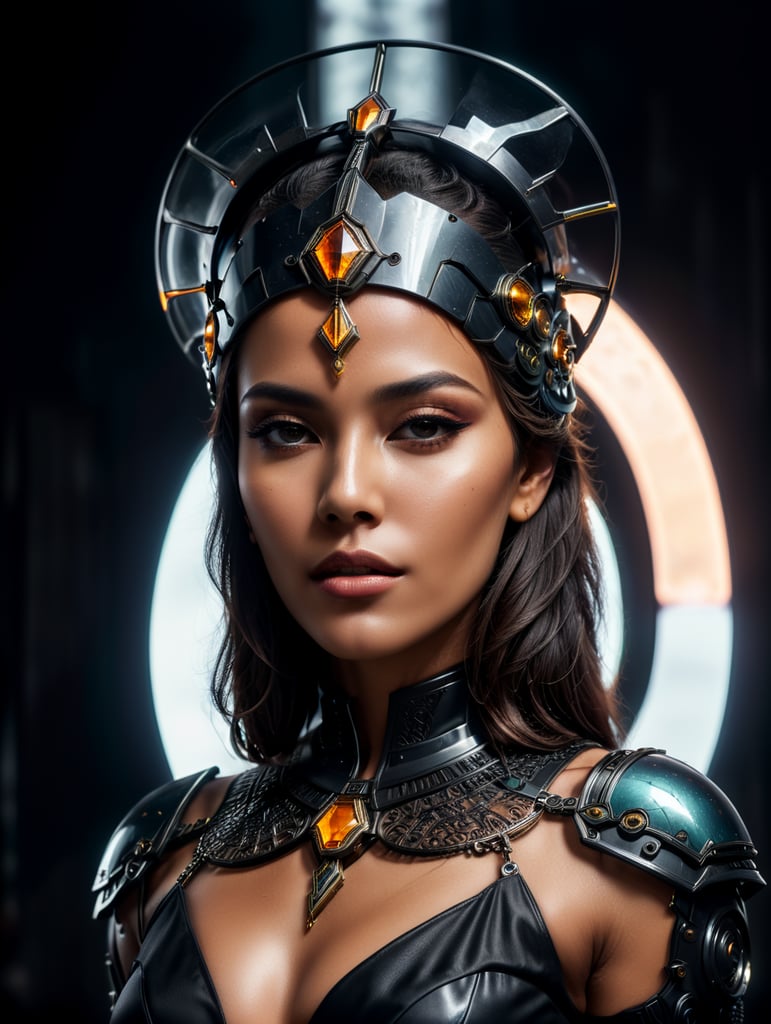 A tan skin moroccan female all black sleek futuristic outfit, with huge headpiece center piece, clean makeup, with depth of field, fantastical edgy and regal themed outfit, captured in vivid colors, embodying the essence of fantasy, minimalist