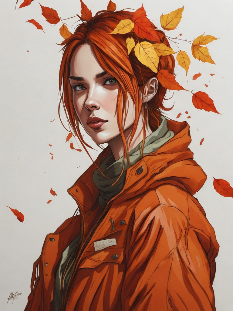 A beautiful full-height girl in an autumn attire. Around her, yellow fallen leaves are swirling, with plenty of sunlight. In the background, there are ripe red apples. Around her, flowers are in full bloom, it's morning. The girl is looking at her reflection in the lake.
