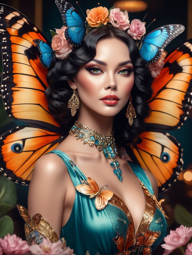 Butterfly women, cabaret imagine style portrait of a goddess, professional photo, 4k, high detail, 30mm lens, aesthetic ,flower, muted colors, cinematic style