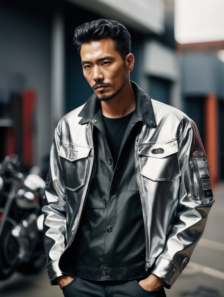 Jacket, futurist, mechanic, silver, shot on leica, fashion portrait, by kith