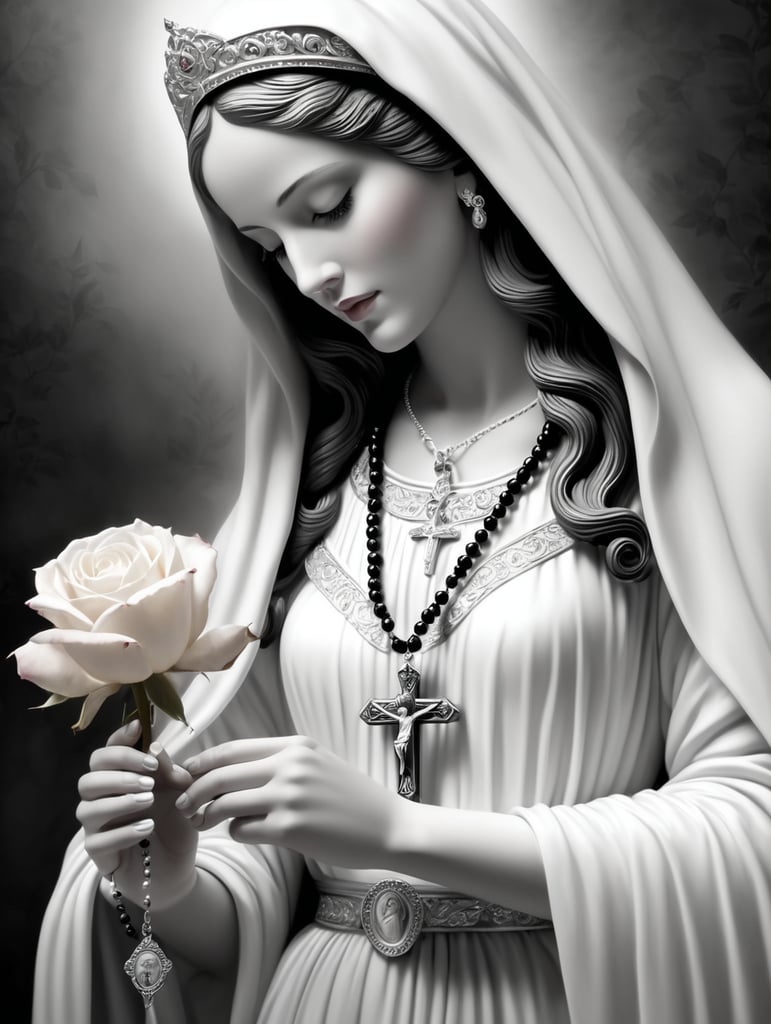 virgin mary holding a roseary with rose in background, black and white