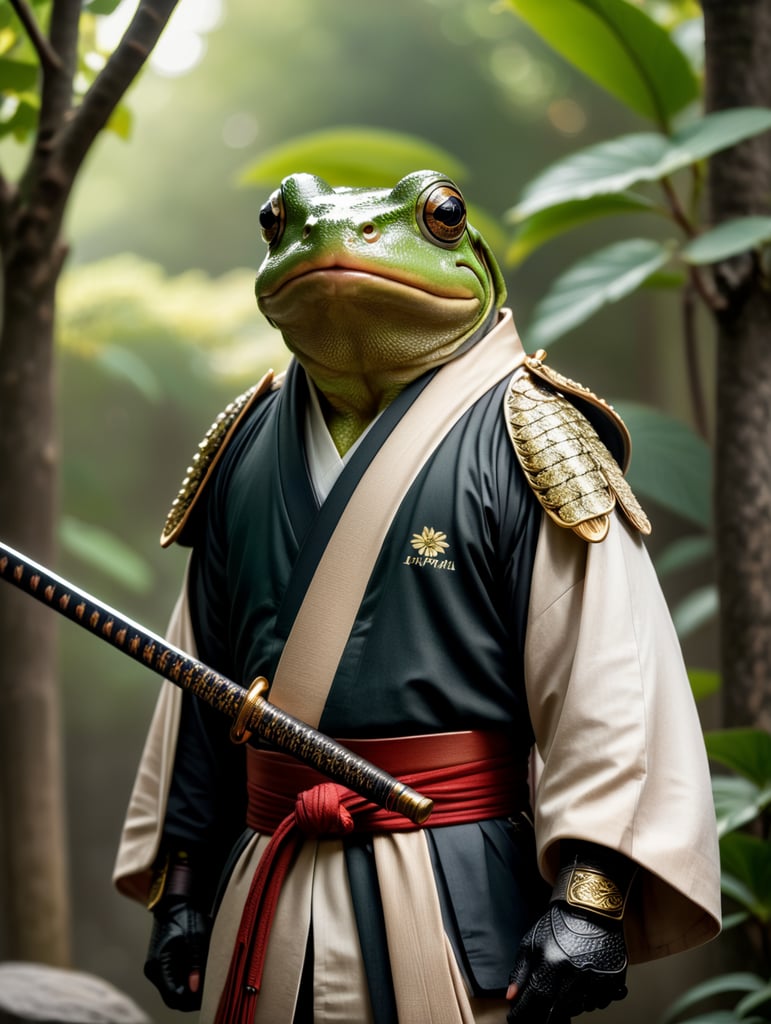Manga frog wielding a Katana and wearing a minimalist kimono