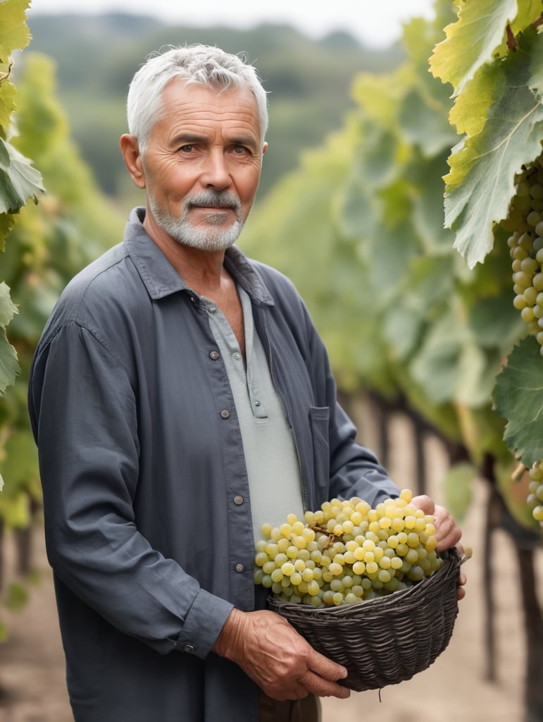 Portrait of an elderly winemaker with gray short hair, man holding a bunch of grapes, looking at the grapes