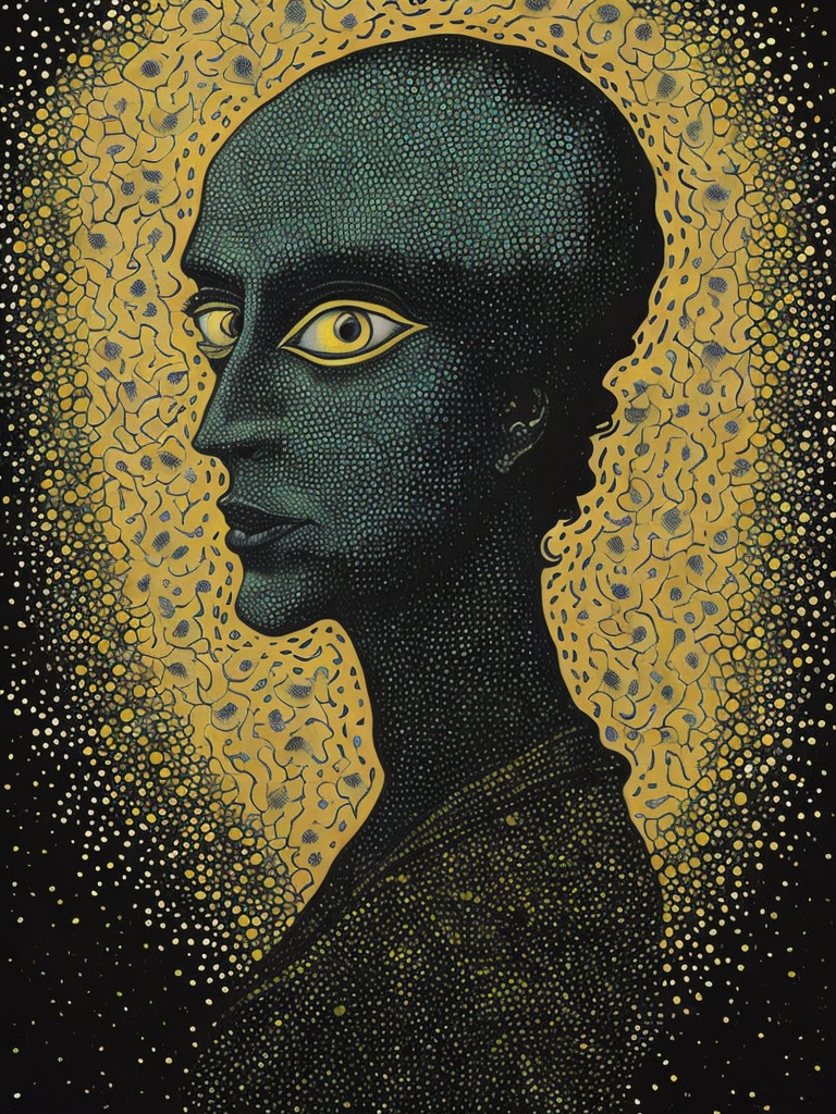 Fine Art Pointillism Surrealism Illustration, alien disguised as a human, Bernard Buffet, van Gogh, Vermeer, Erin Hanson, Pierre Soulages, National Geographic, textured depth, vibrant hyperrealism