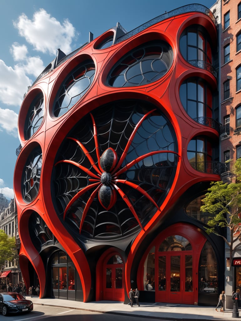 dream prompt: the craziest, bentwood, far view lens architectural modern style hyper realistic hyper detailed neocosmic exterior architecture design of a spider Fluid complex facade, geometric shapes spectrum, black::1 red:3, Antoine Blanchard architecture art style, in new york city, dramatic ambient, natural lighting, camera sony, 8k, --s1000 --style raw, you can imagine