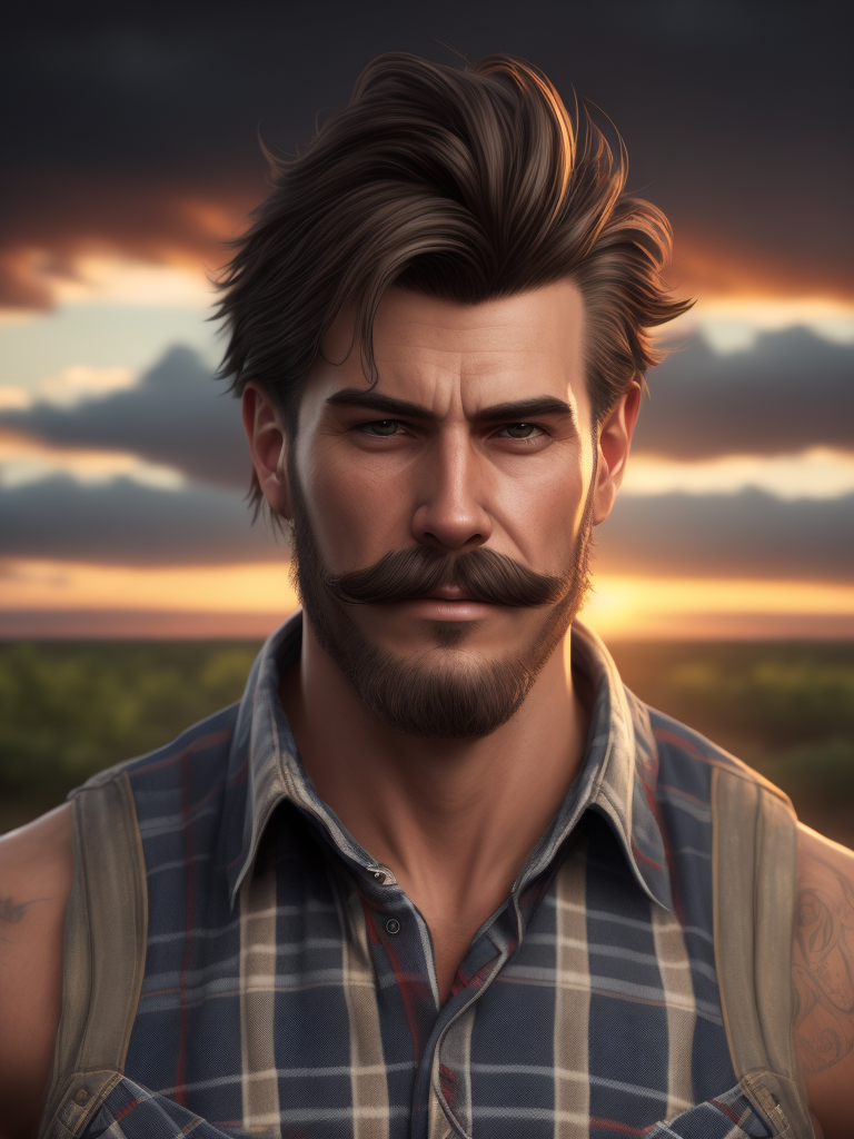 portrait of redneck man, plaid sleeveless shirt, horseshoe mustache, mullet haircut