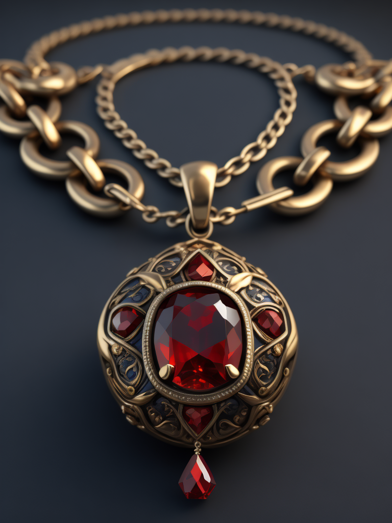 Jewelry on a dark blue background, chain decorated with red ruby