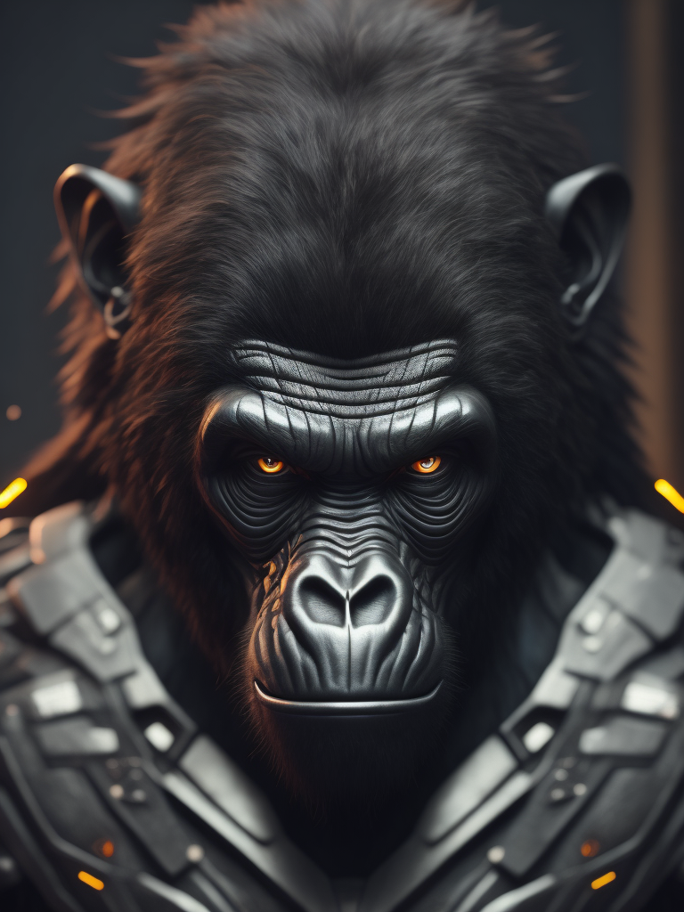 cybernetic gorilla, hyper-realistic, cyberpunk style, sharp on details,